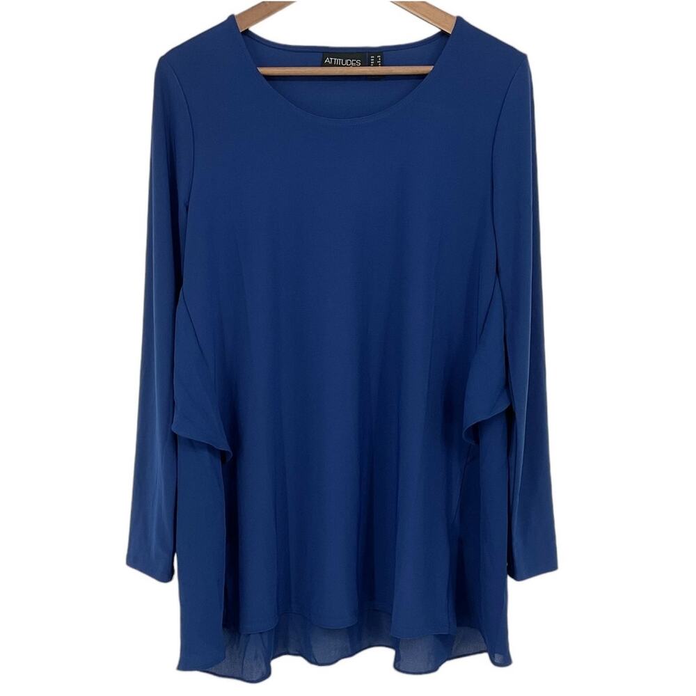 ATTITUDES BY RENEE NWOT Knit Top with Georgette Flutter Back Size XS Blue Tunic